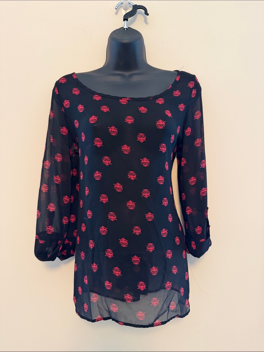 Women's Black Sheer Blouse with Red Print